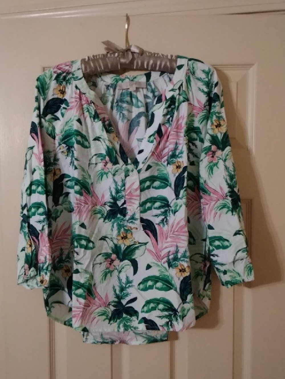 LOFT White Tropical Floral V-Neck Blouse with Pink & Green
